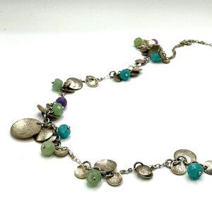 Silver Chain Necklace With Multicolor Beads and Textured Discs Adjustable Length
